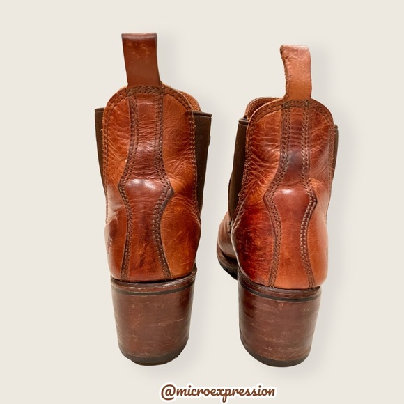 Frye Sabrina Chelsea Cognac Genuine Leather Pull On Stretch Heeled Ankle Booties - Picture 11 of 16